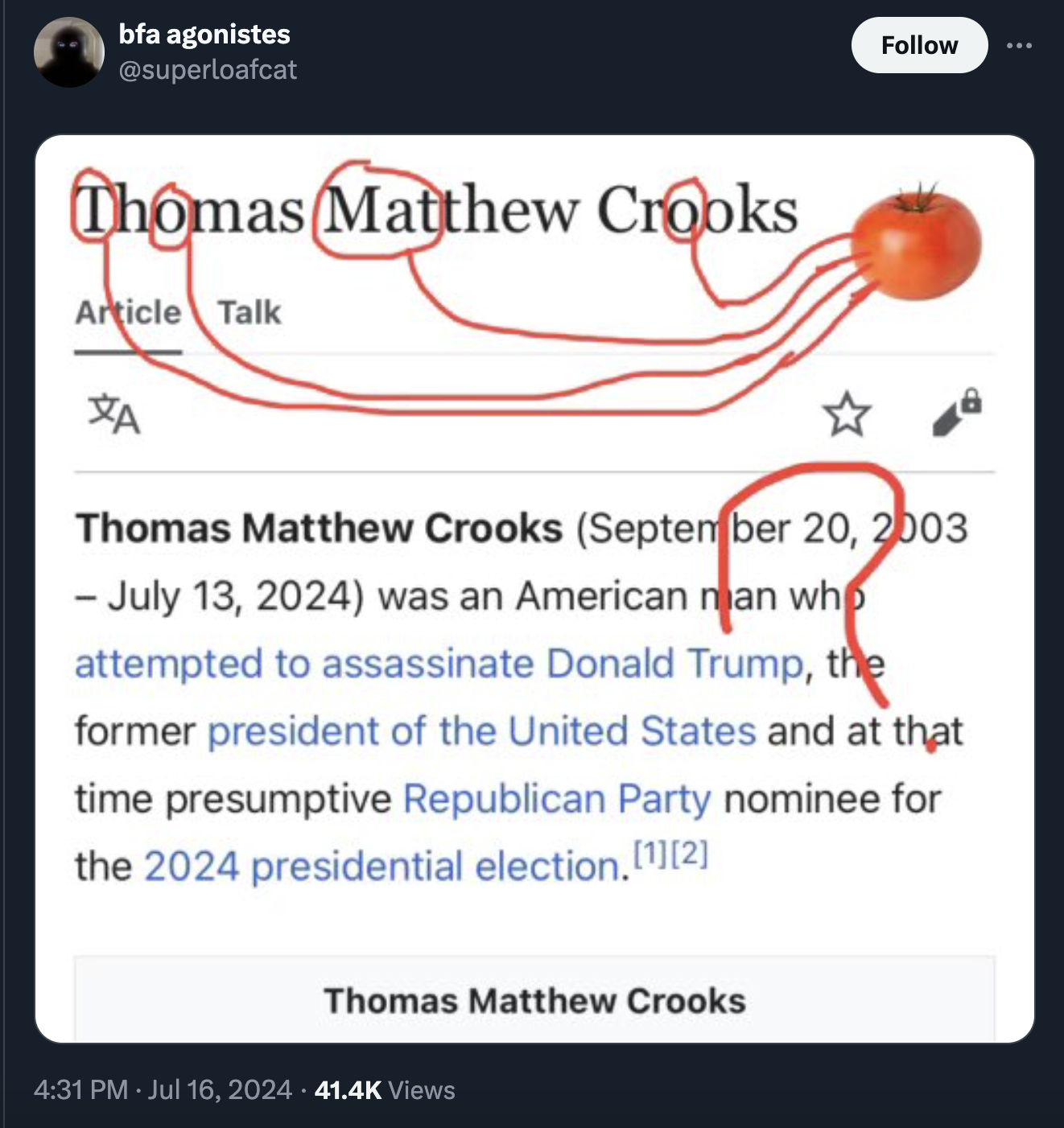 screenshot - bfa agonistes Thomas Matthew Crooks Article Talk A Thomas Matthew Crooks was an American man who attempted to assassinate Donald Trump, the former president of the United States and at that time presumptive Republican Party nominee for the 20